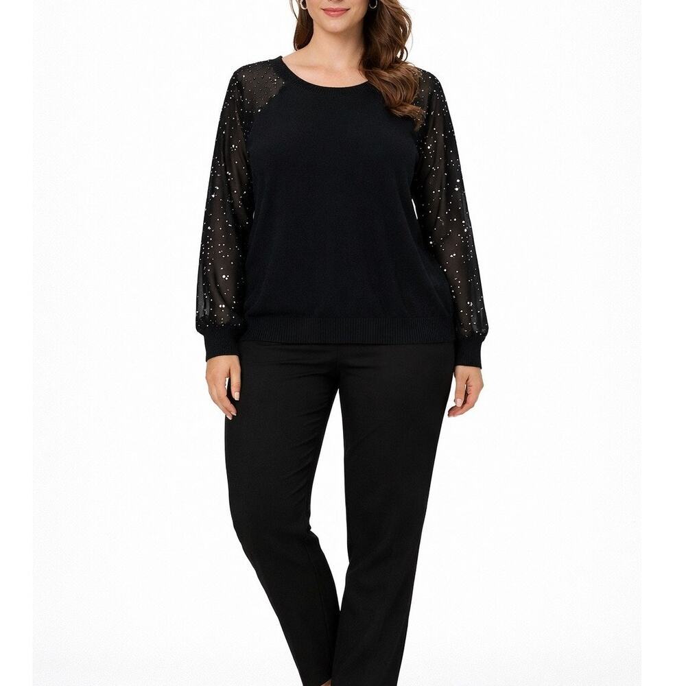Lane Bryant Black Rhinestone Sheer Sleeve Top Size 22 24 Plus Blouse Dressy Chic - Picture 8 of 8